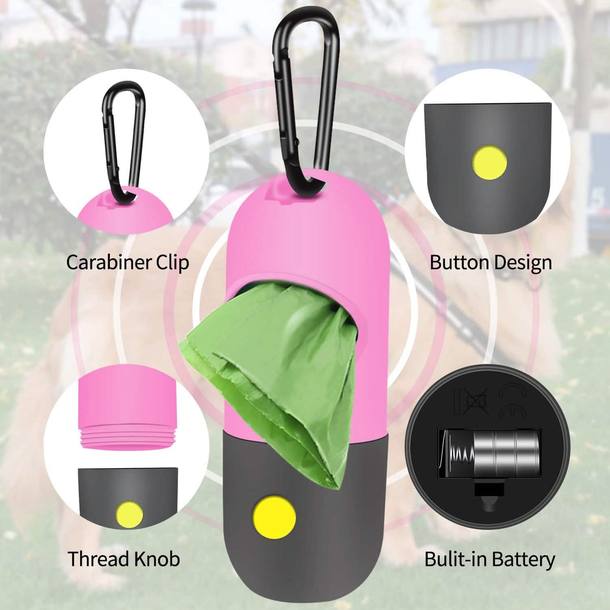 Dog Poop Bag Dispenser with Built-in LED Flashlight