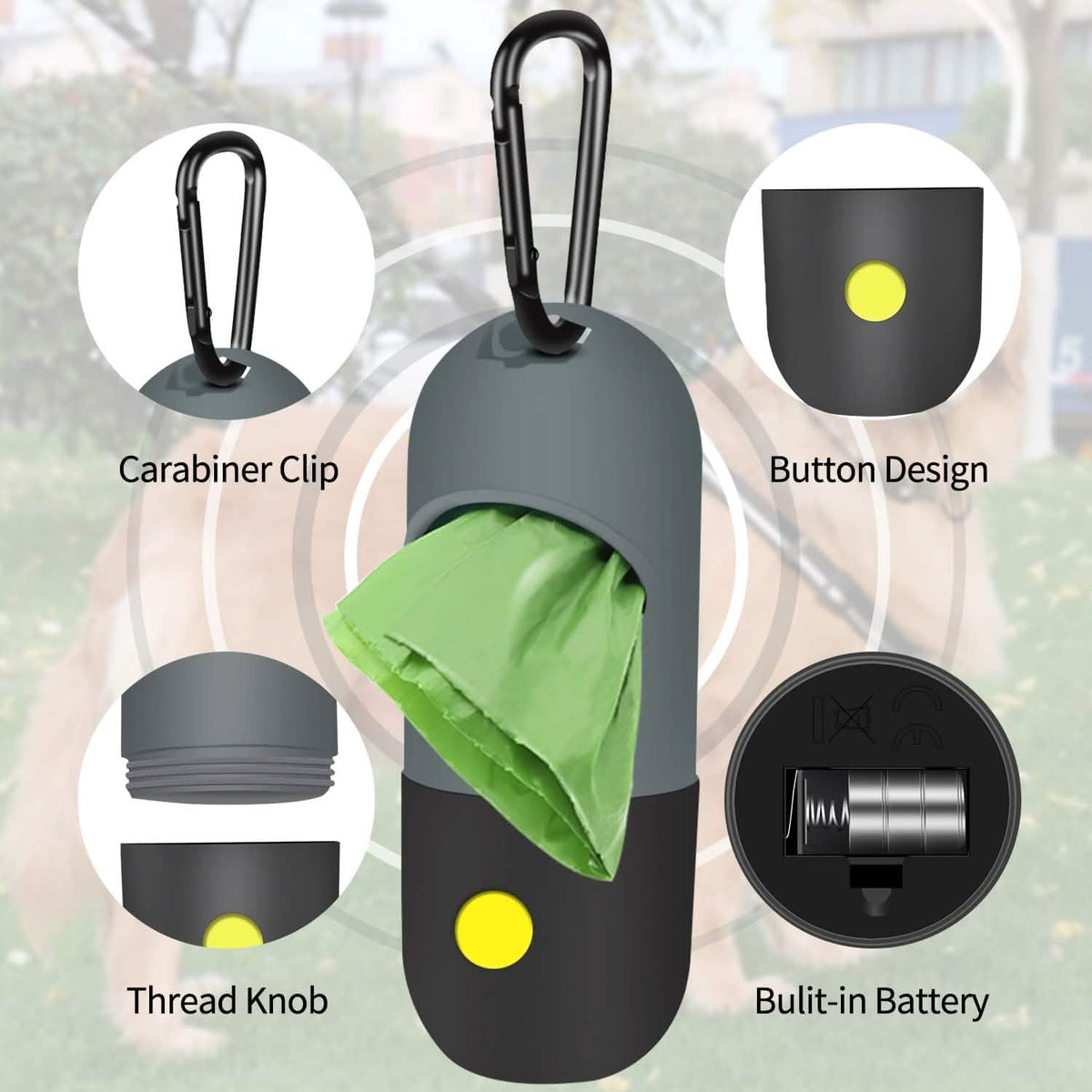 Dog Poop Bag Dispenser with Built-in LED Flashlight