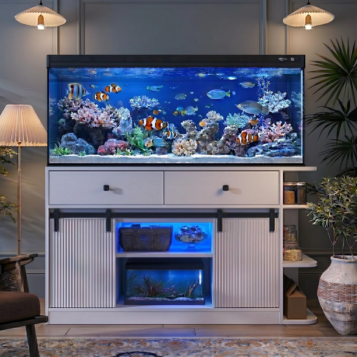 Fish Tank Stand with LED Light & Power Outlets