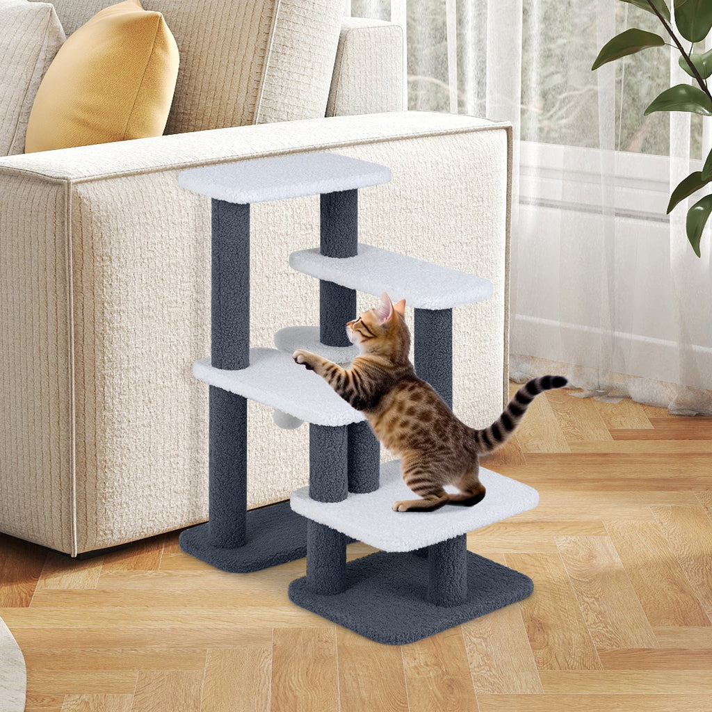 2-in-1 Cat Tree Tower with Scratching Posts and Hanging Toy Ball-Gray