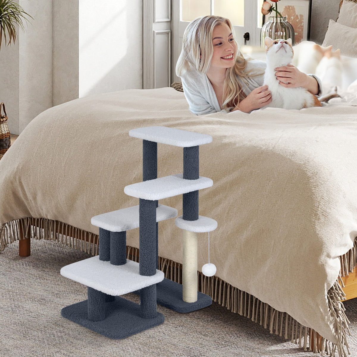 2-in-1 Cat Tree Tower with Scratching Posts and Hanging Toy Ball-Gray