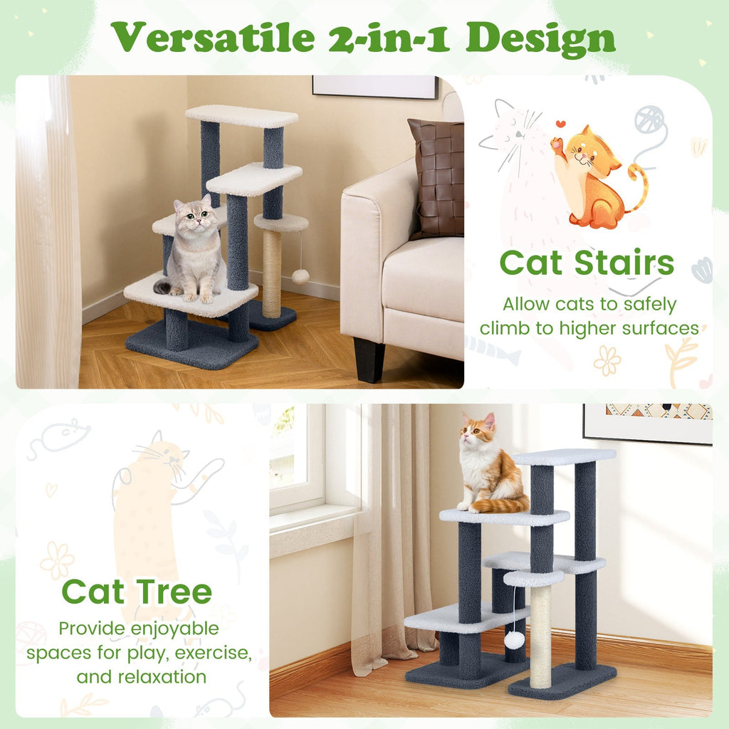 2-in-1 Cat Tree Tower with Scratching Posts and Hanging Toy Ball-Gray