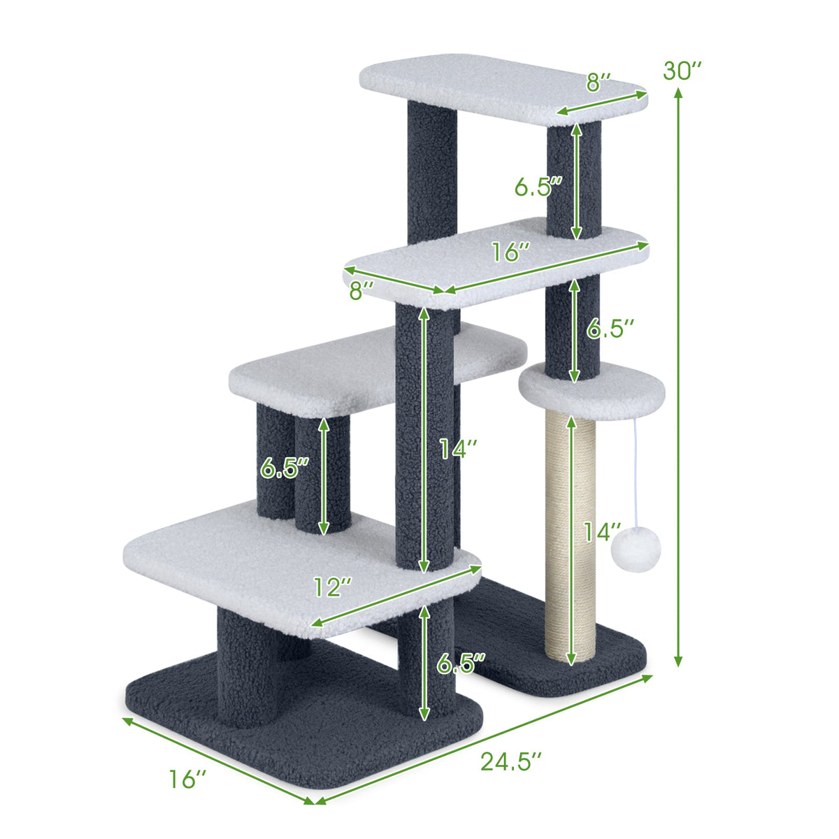 2-in-1 Cat Tree Tower with Scratching Posts and Hanging Toy Ball-Gray