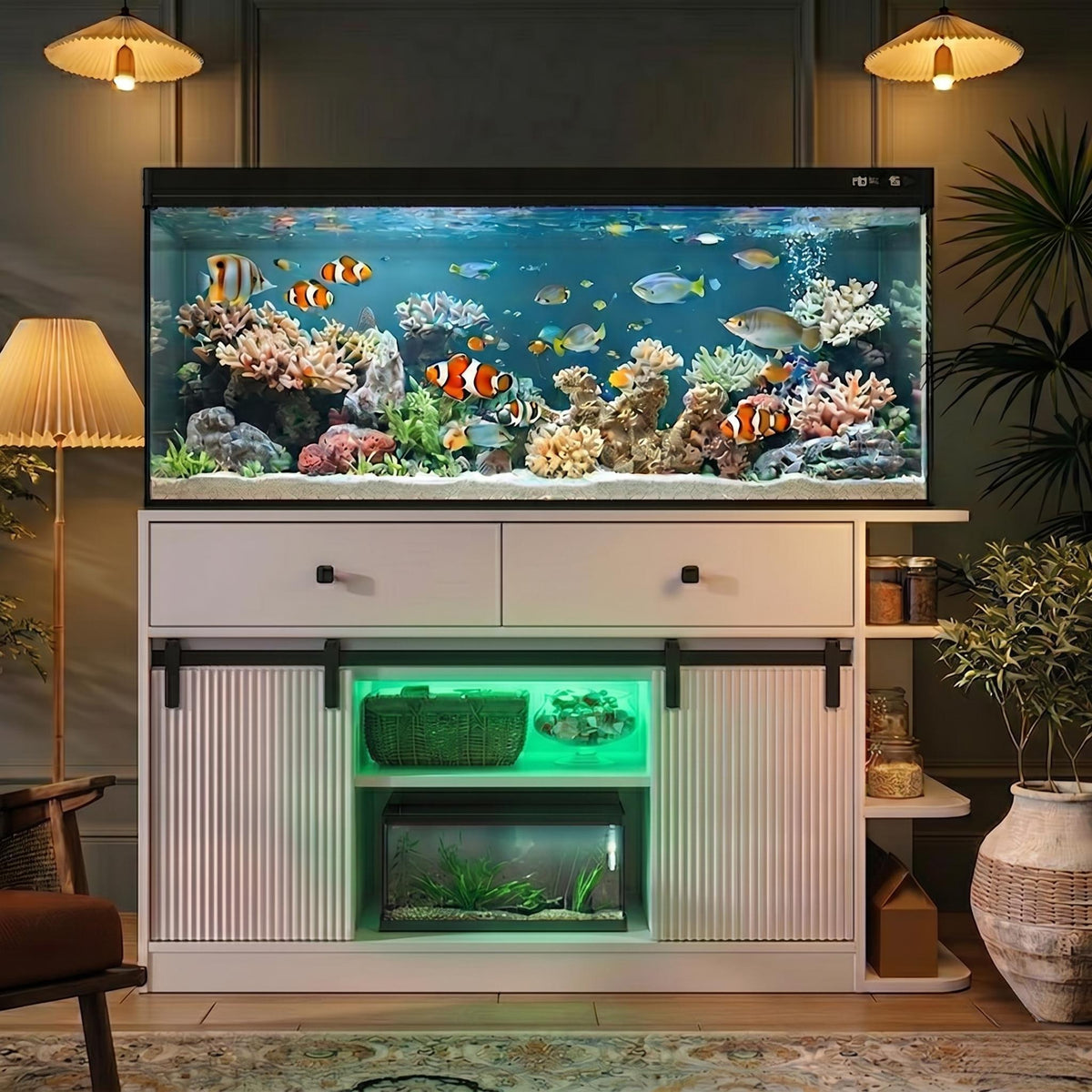 Fish Tank Stand with LED Light & Power Outlets