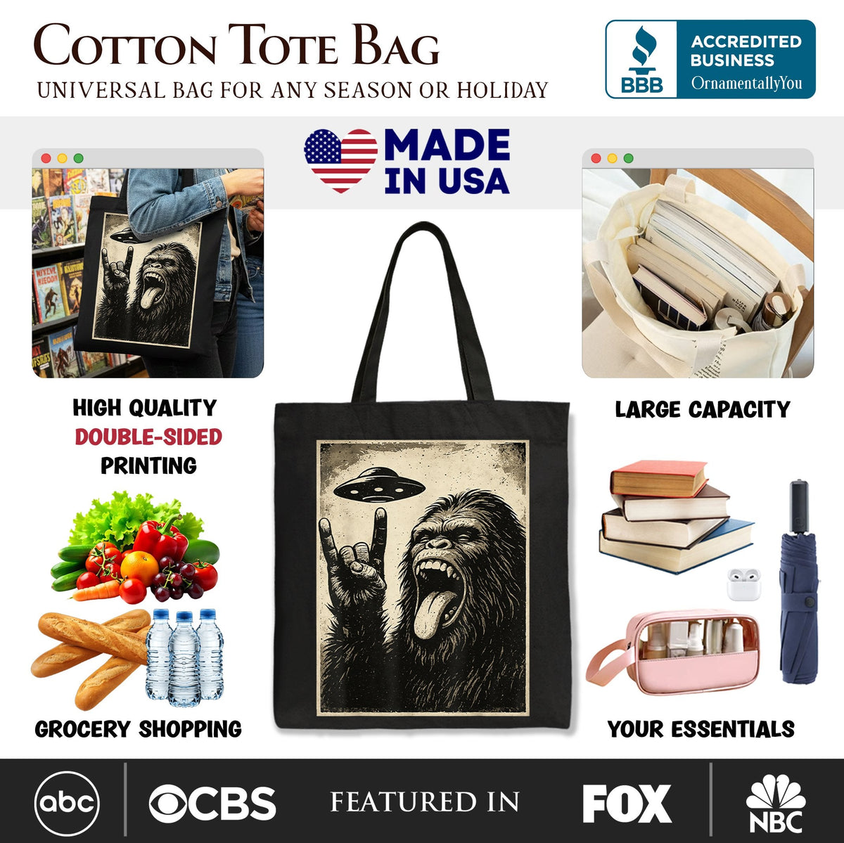 Bigfoot UFO Funny Canvas Tote Bag