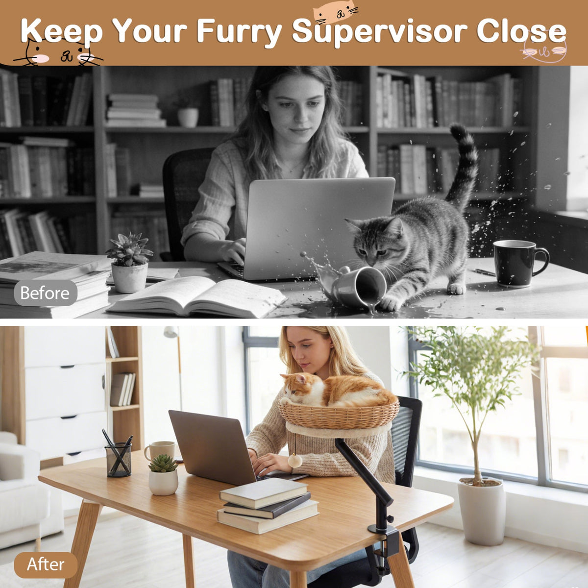 Cat Desk Bed with Removable Padded Cushion for Indoor