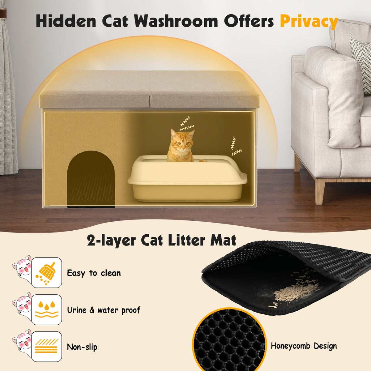 Hidden Cat Litter Box Enclosure with Urine Proof Litter Mat