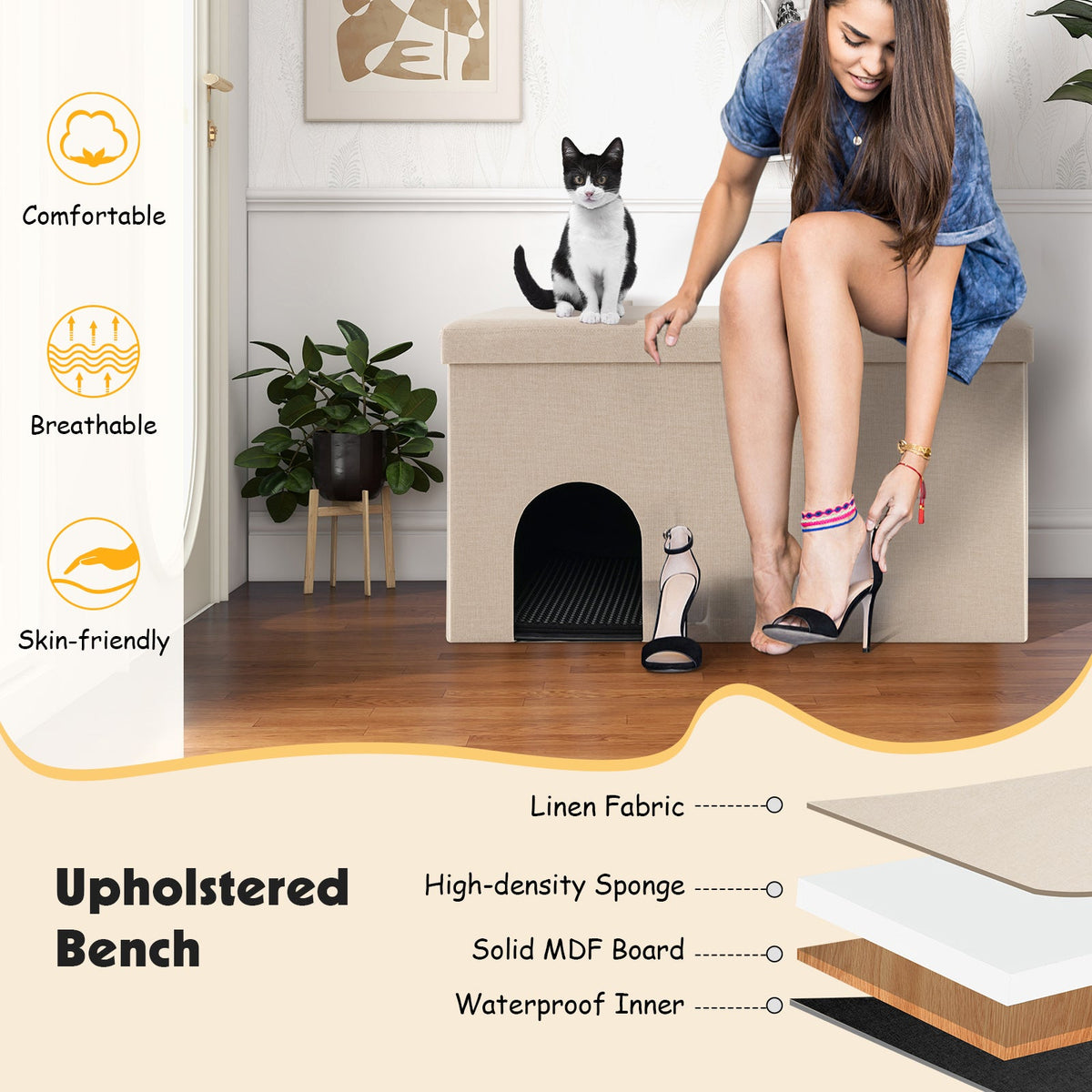 Hidden Cat Litter Box Enclosure with Urine Proof Litter Mat