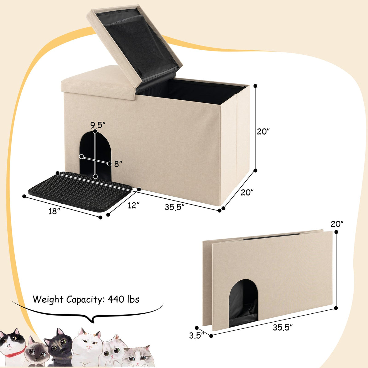 Hidden Cat Litter Box Enclosure with Urine Proof Litter Mat
