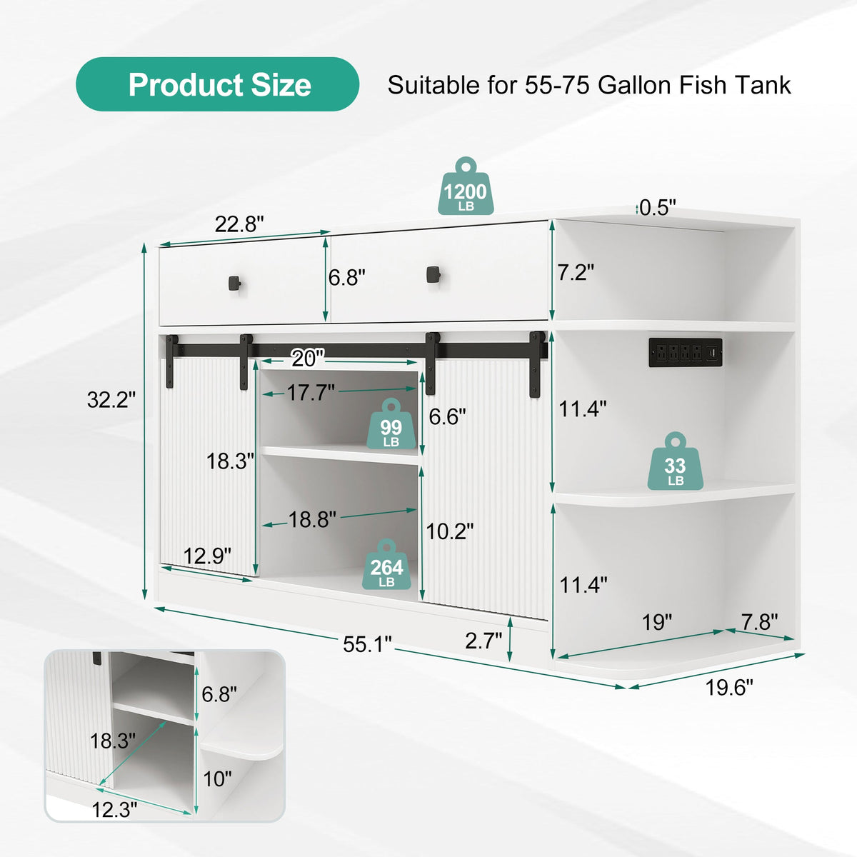 Fish Tank Stand with LED Light & Power Outlets