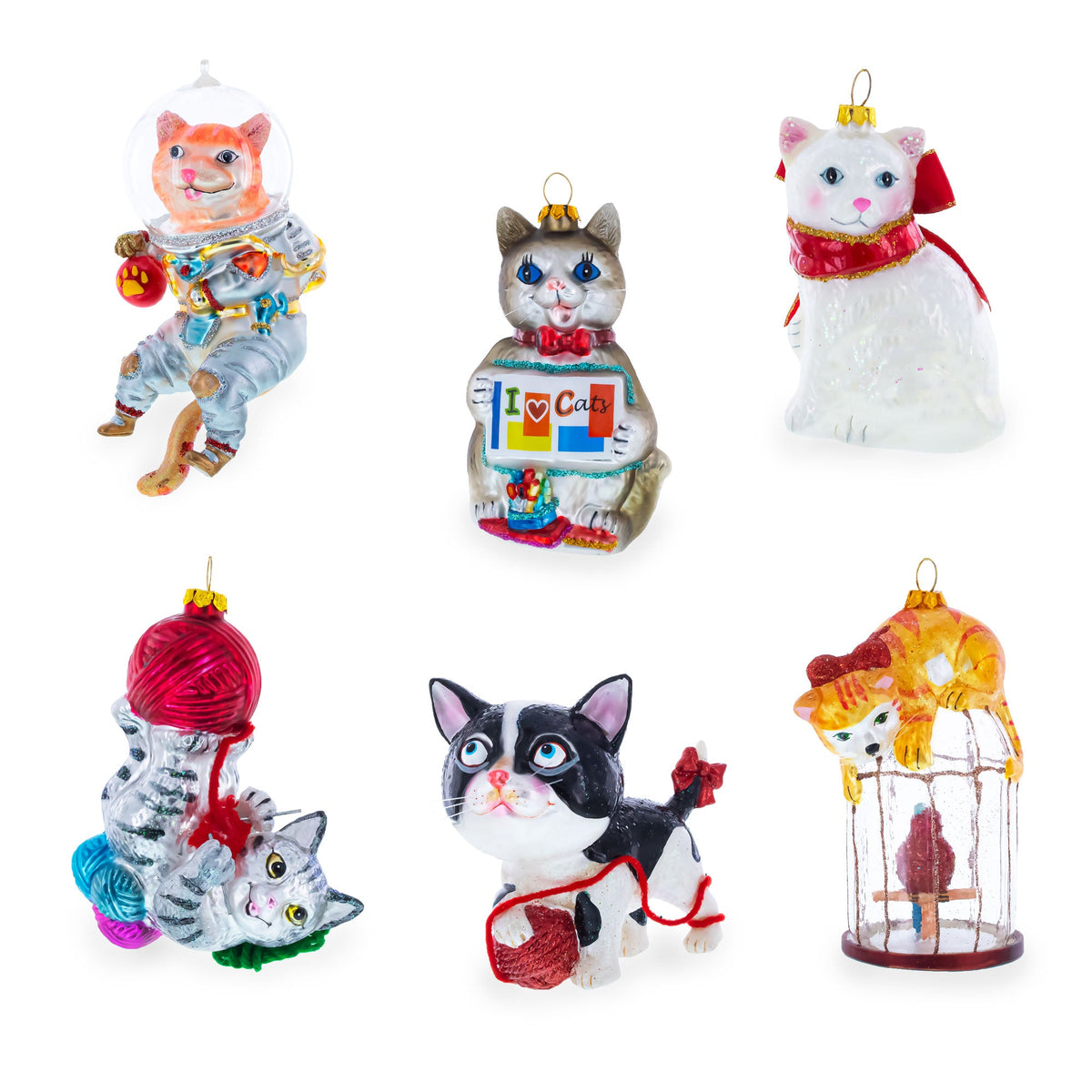 Cat and Caged Bird Glass Christmas Ornament