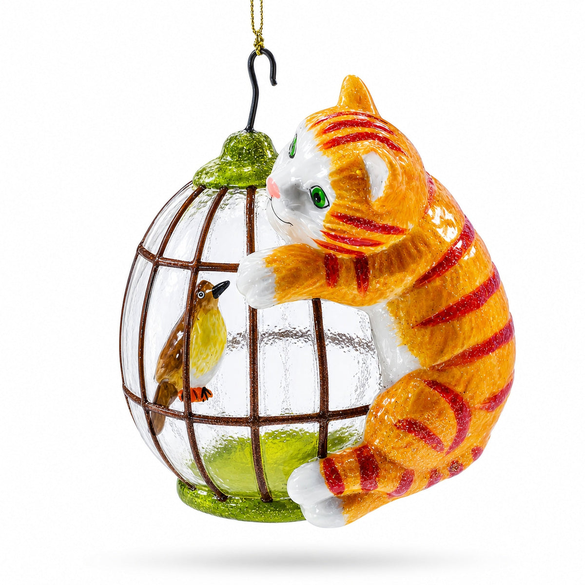 Cat and Caged Bird Glass Christmas Ornament