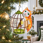 Cat and Caged Bird Glass Christmas Ornament