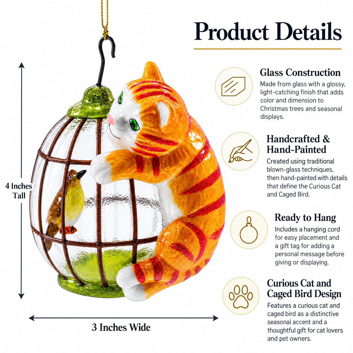 Cat and Caged Bird Glass Christmas Ornament