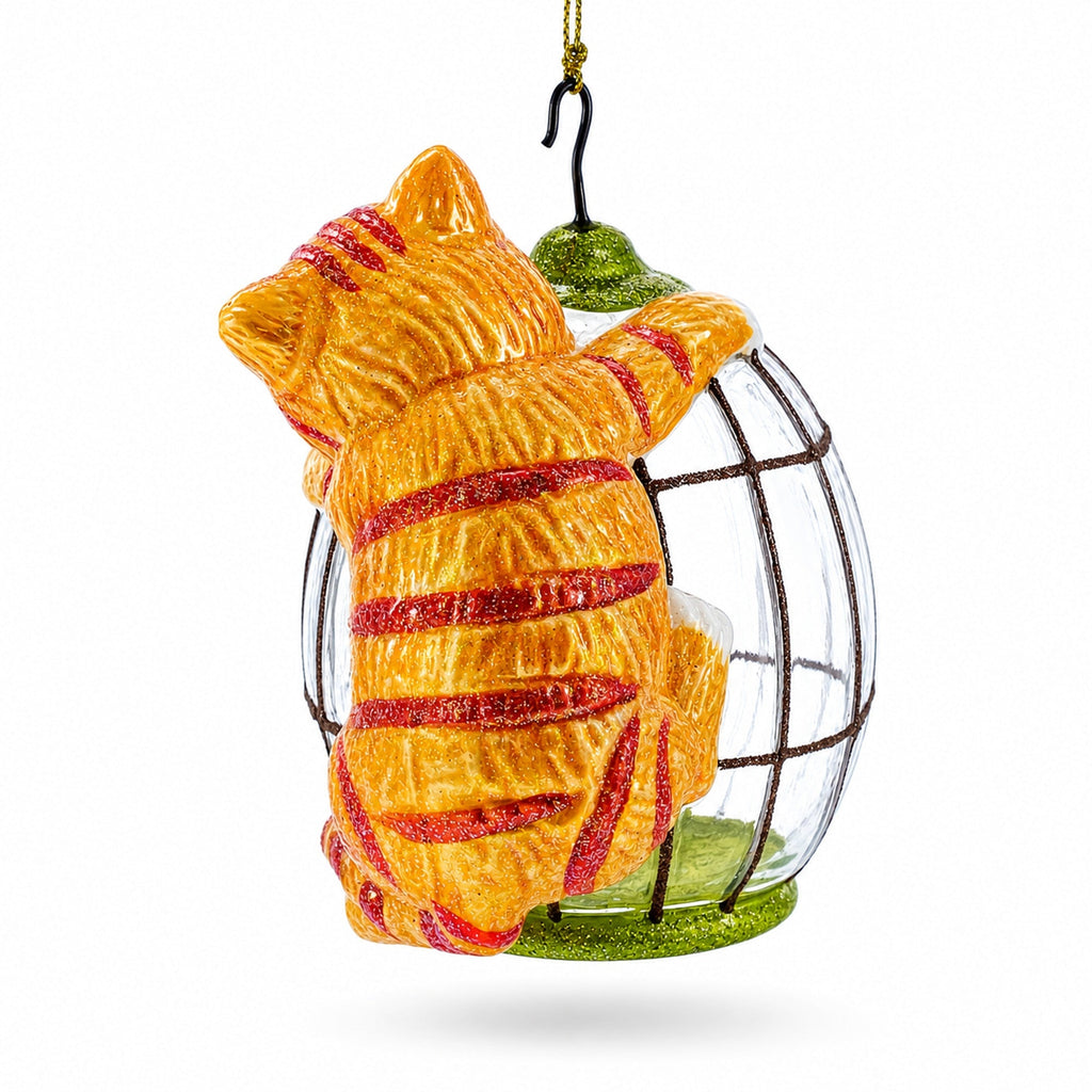 Cat and Caged Bird Glass Christmas Ornament