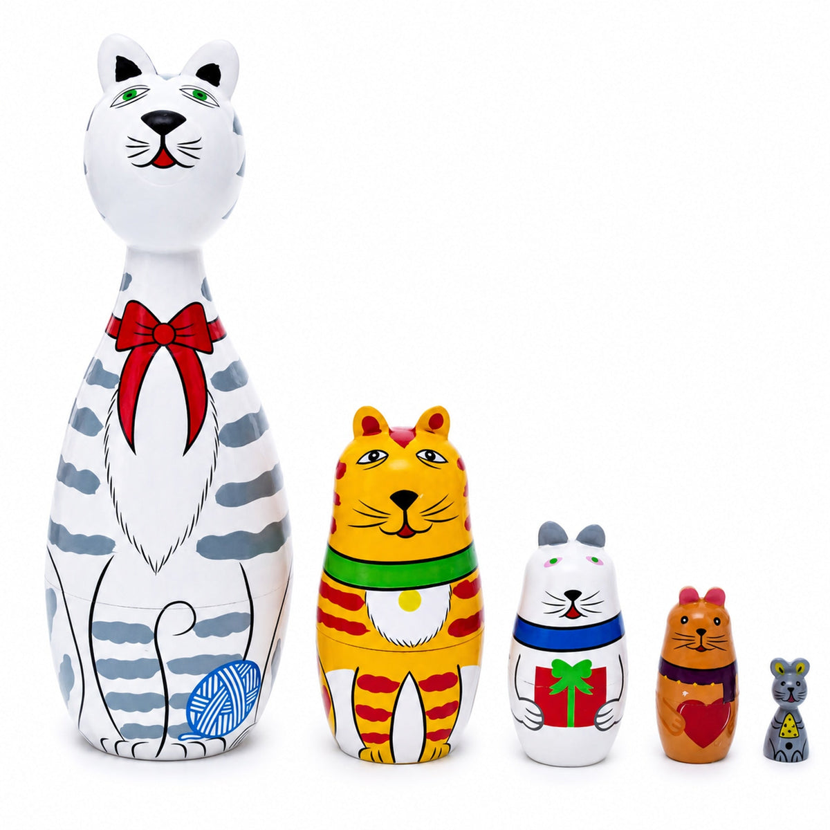 Four Cats and Mouse Wooden Nesting Dolls
