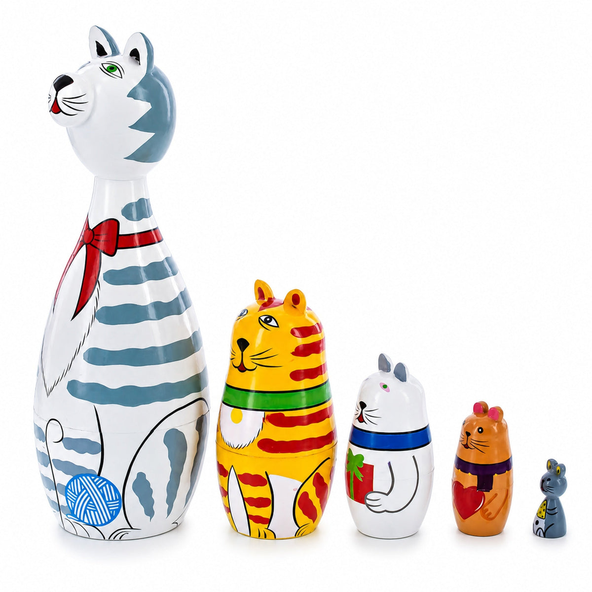 Four Cats and Mouse Wooden Nesting Dolls