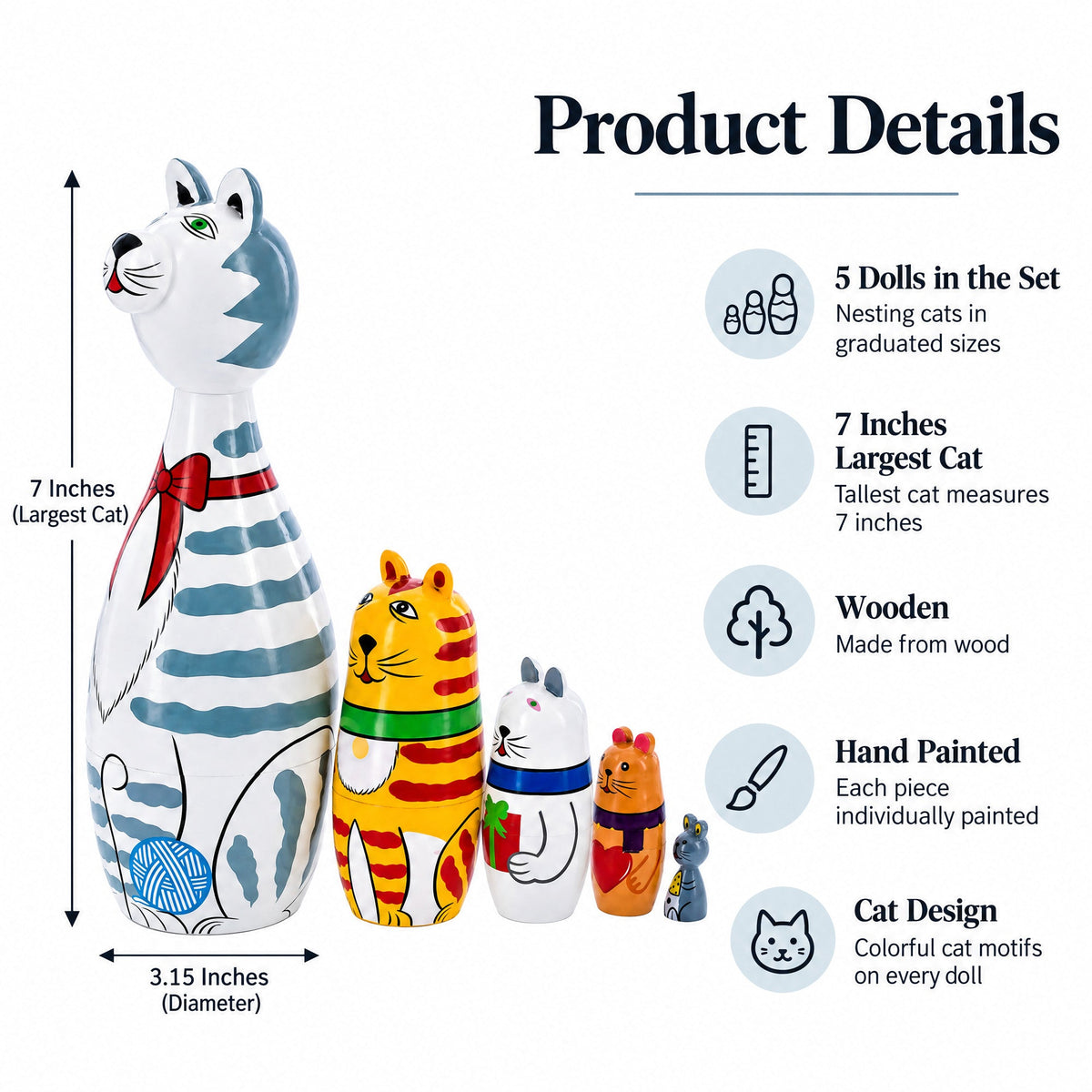 Four Cats and Mouse Wooden Nesting Dolls