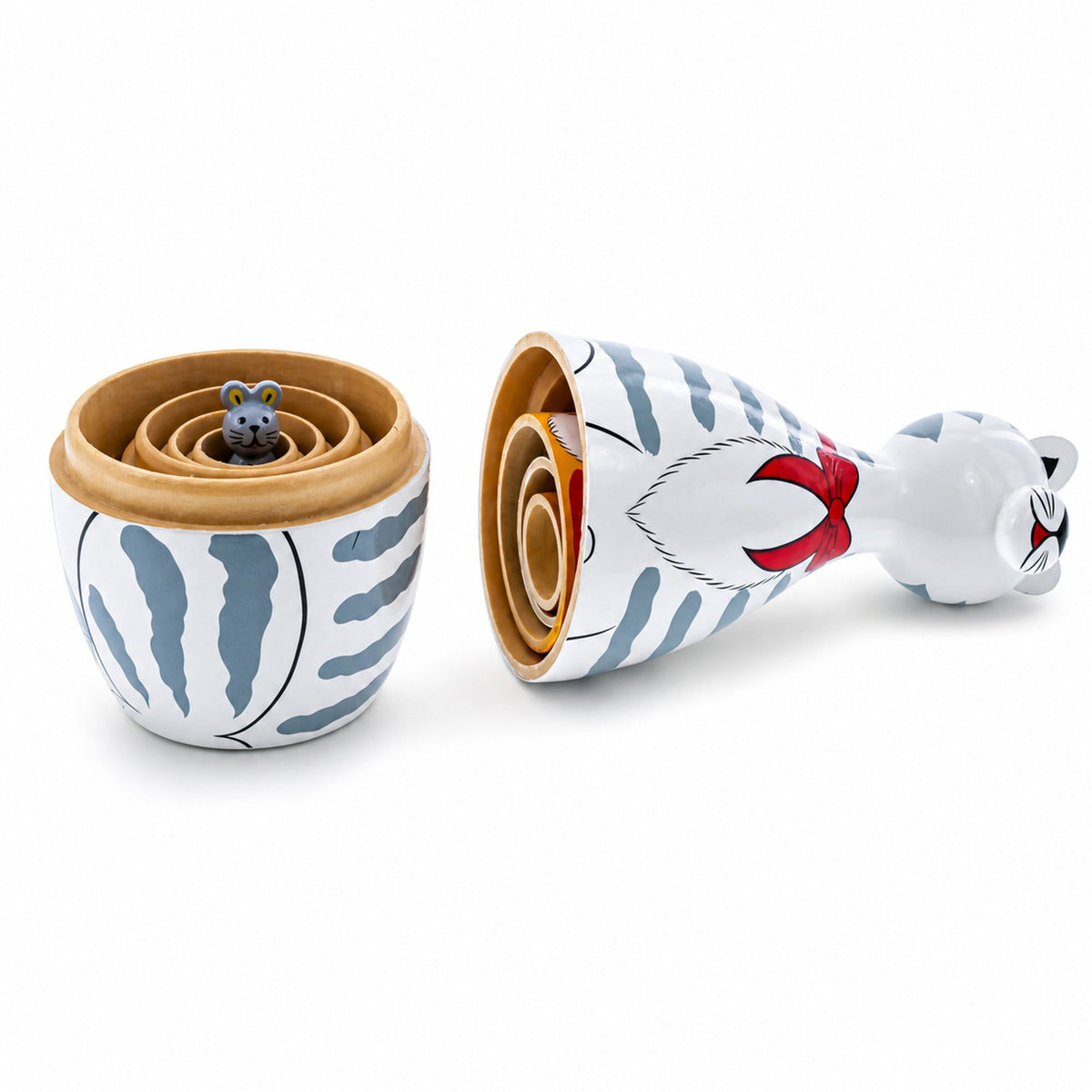 Four Cats and Mouse Wooden Nesting Dolls