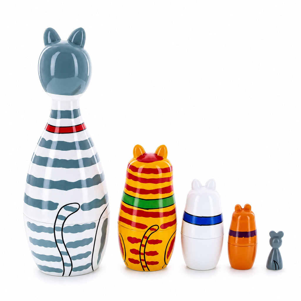 Four Cats and Mouse Wooden Nesting Dolls