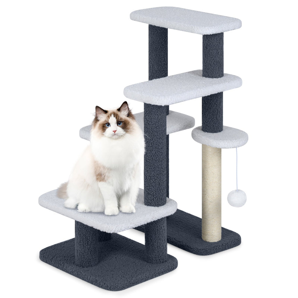 2-in-1 Cat Tree Tower with Scratching Posts and Hanging Toy Ball-Gray
